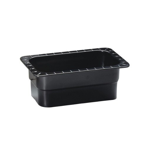 A black rectangular GET Melamine food pan with a lid on it.