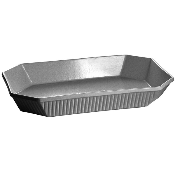 A silver Tablecraft octagon casserole dish with a curved edge.