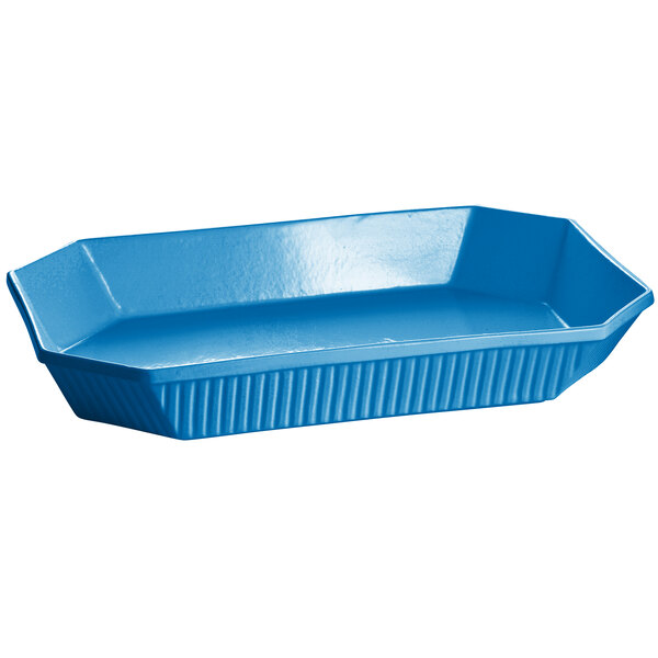 A sky blue Tablecraft octagon casserole dish with a handle.
