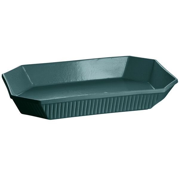 A black rectangular Tablecraft casserole dish with a curved green lid.