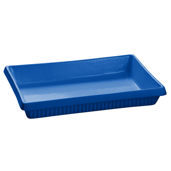 A blue rectangular Tablecraft casserole dish with a handle.