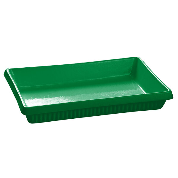 A green rectangular Tablecraft cast aluminum casserole dish with a handle.