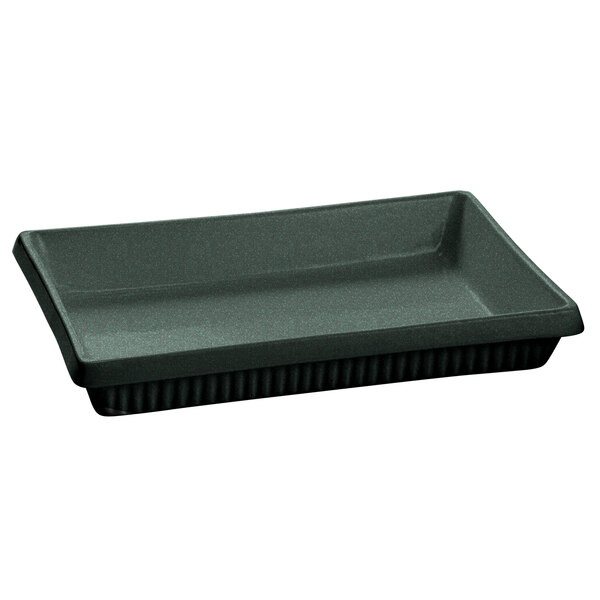 A black rectangular Tablecraft cast aluminum casserole dish with a green speckled rectangle inside.