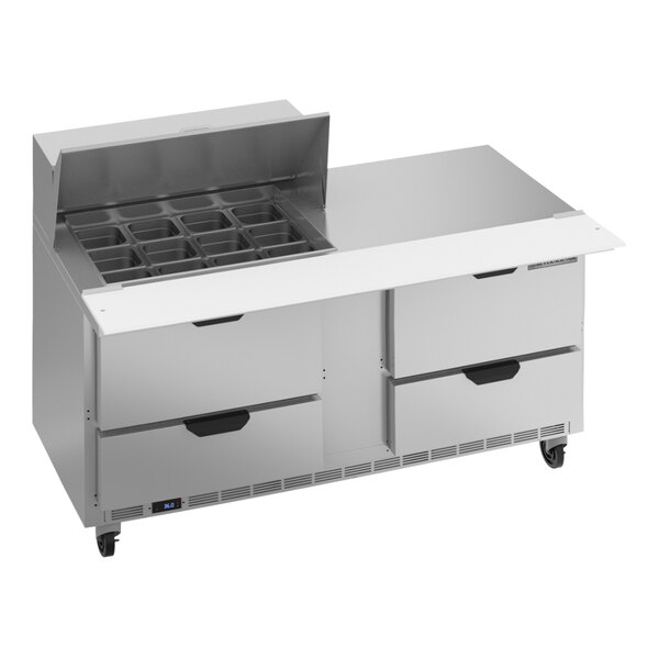A large silver Beverage-Air commercial sandwich prep table with 4 drawers.
