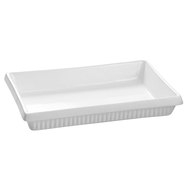 A white rectangular Tablecraft casserole dish with a ribbed edge and a handle.
