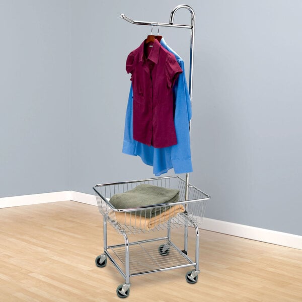 A Chrome wire laundry cart with a valet hanger and basket holding clothes.