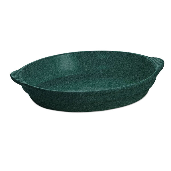A hunter green oval casserole dish with handles.