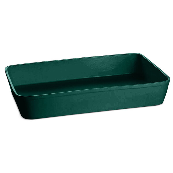 A Hunter Green rectangular cast aluminum casserole dish with a handle.