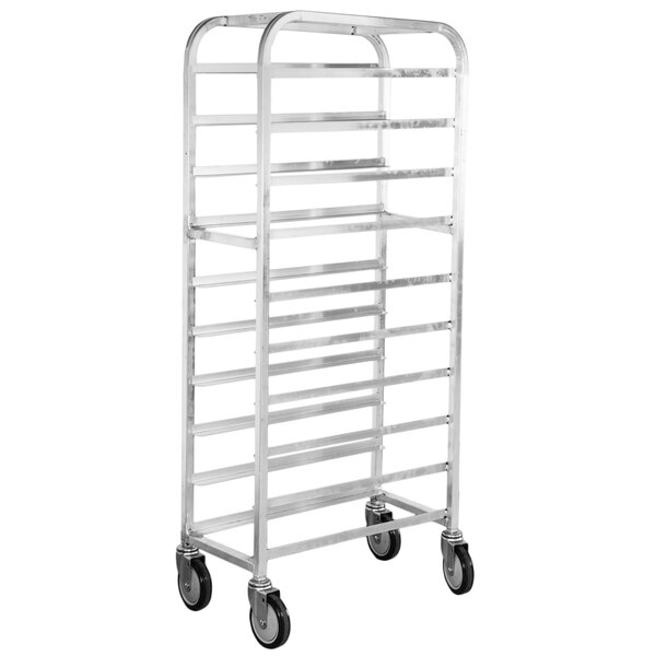 A silver metal Winholt end load platter rack with wheels.