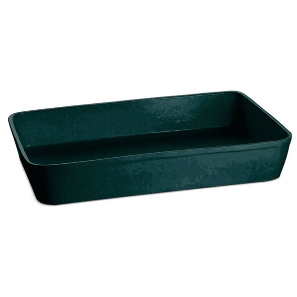 A black rectangular Tablecraft casserole dish with green speckles.