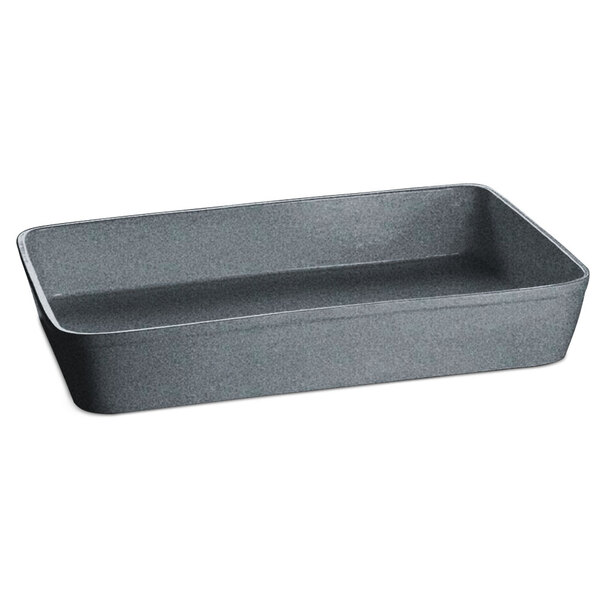 A Tablecraft rectangular gray cast aluminum casserole dish with a handle.