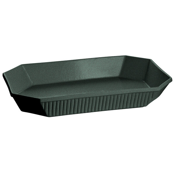 A black octagon casserole dish with a green speckled interior.