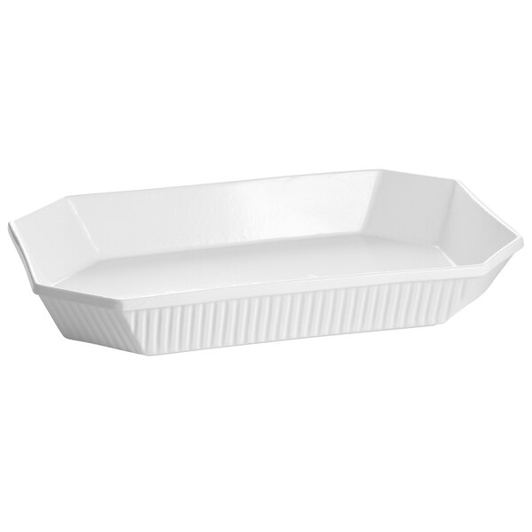 A white octagon-shaped Tablecraft cast aluminum casserole dish with a lid.