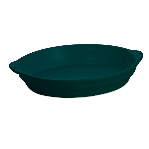 A Tablecraft hunter green oval cast aluminum casserole dish with handles.