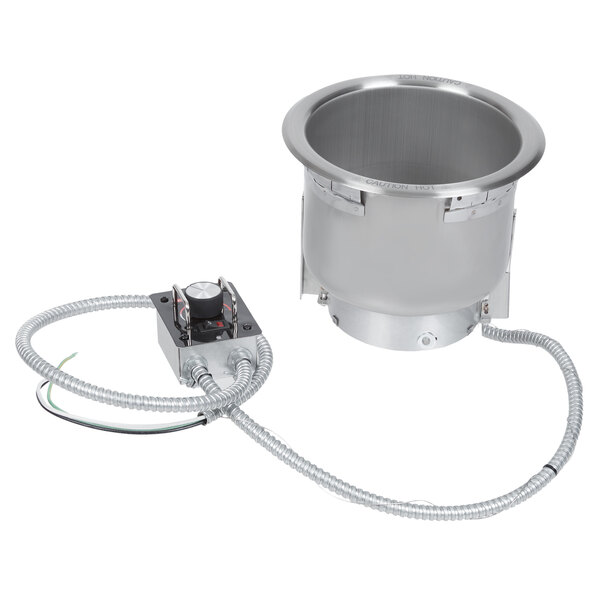 A stainless steel Hatco drop-in heated soup well with a drain.