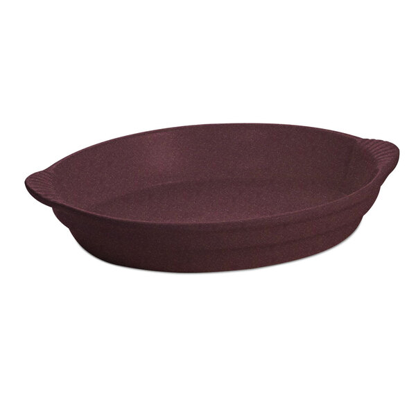 A maroon speckled oval cast aluminum casserole dish with a handle.