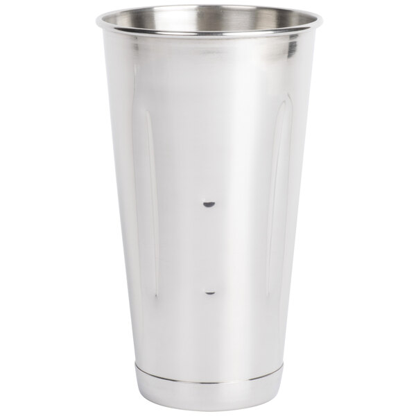 A silver Hamilton Beach stainless steel malt cup with a handle.