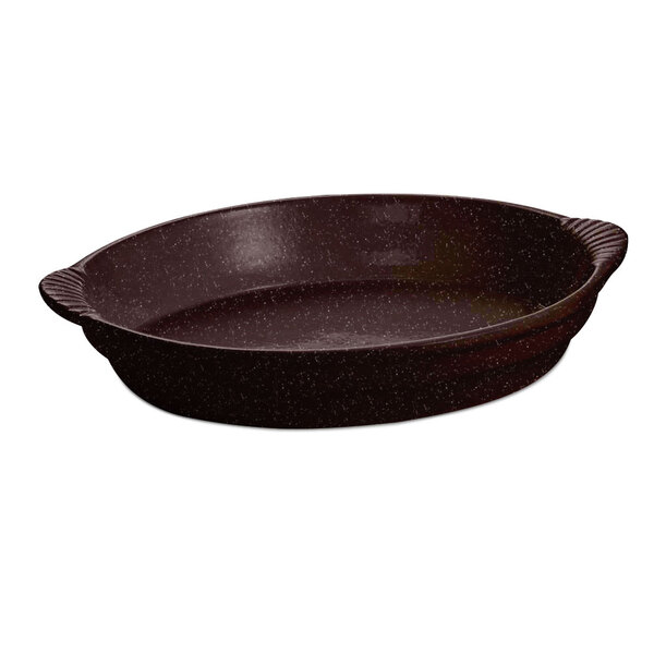 A black oval Tablecraft casserole dish with handles.