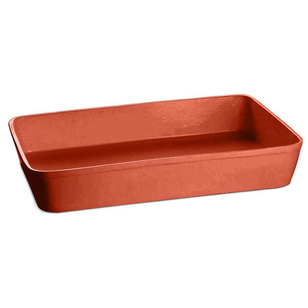 A red rectangular Tablecraft casserole dish.