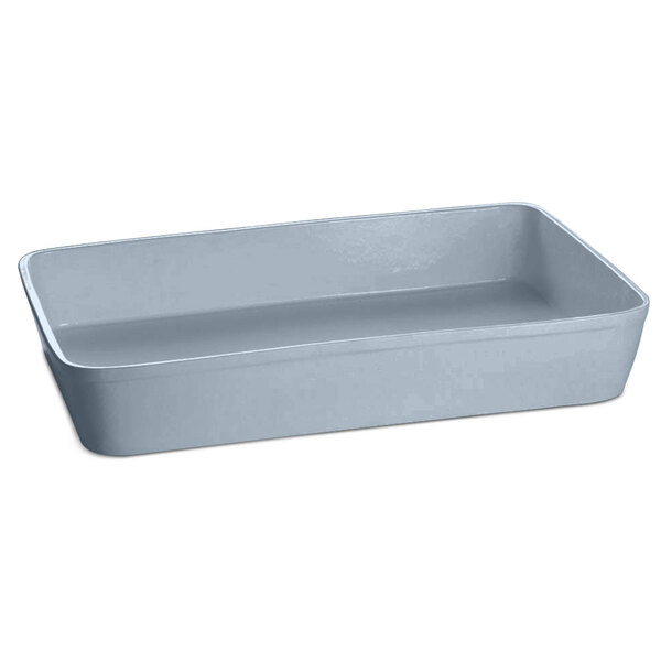 A gray rectangular cast aluminum Tablecraft casserole dish with a handle.