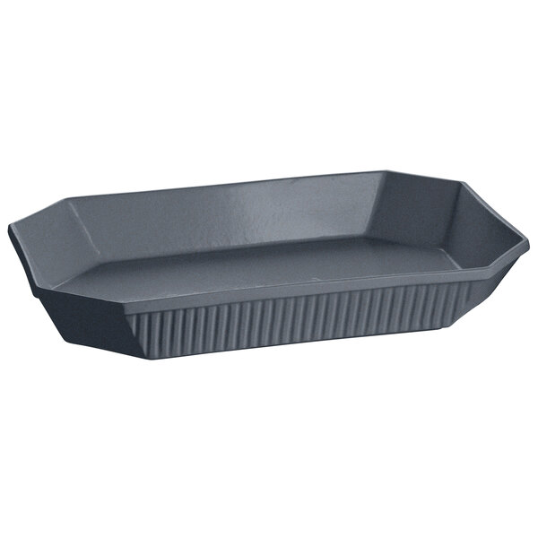 A Tablecraft Midnight with Blue Speckle cast aluminum octagon casserole dish with a lid.