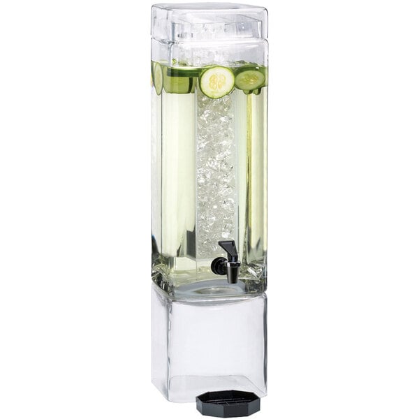 A Cal-Mil square glass beverage dispenser with a black faucet over ice water.