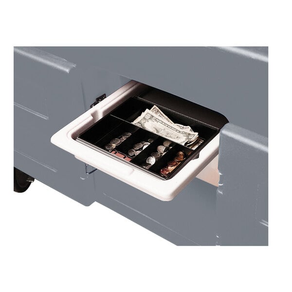 A black Cambro cash drawer with money inside.