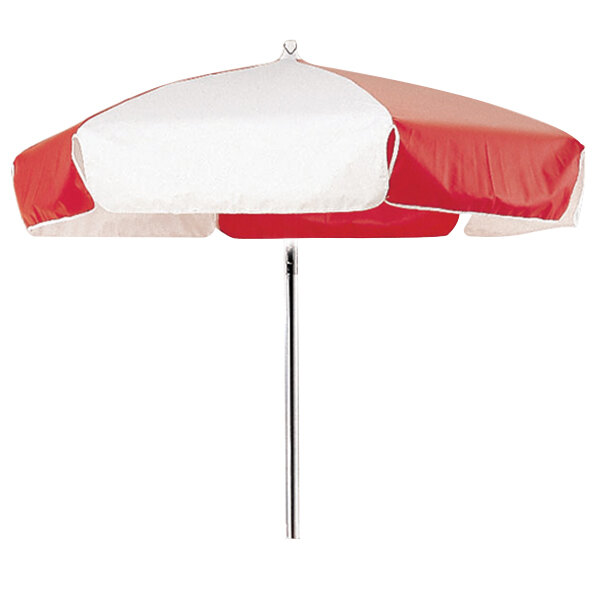 A red and white umbrella.