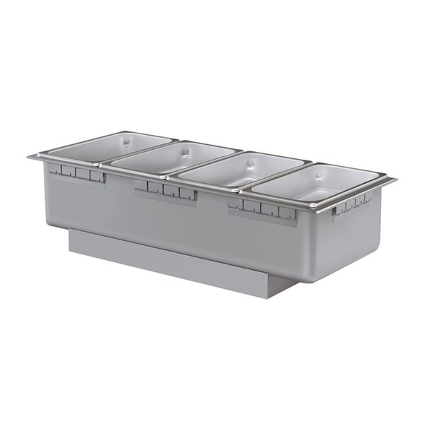 A Hatco drop-in hot food well with three compartments inside a stainless steel container.