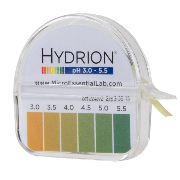 A Hydrion S/R pH Test Paper dispenser with a chart showing pH levels.