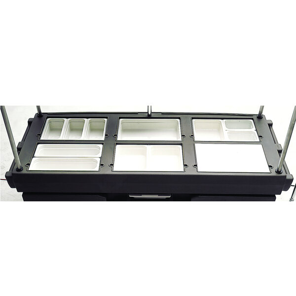 A black and white rectangular tray with white inserts for 6 wells.