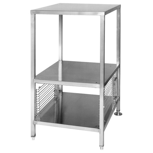 A stainless steel Cleveland electric steamer stacking kit with two shelves on it.