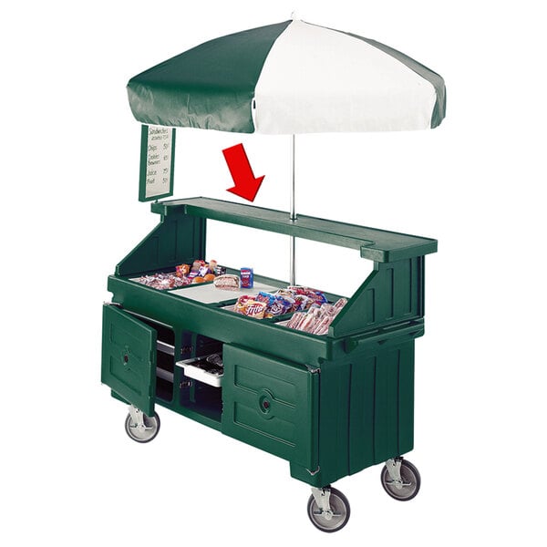 A green Cambro vending cart with a white umbrella.
