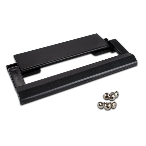 A black rectangular plastic latch with screws and nuts.