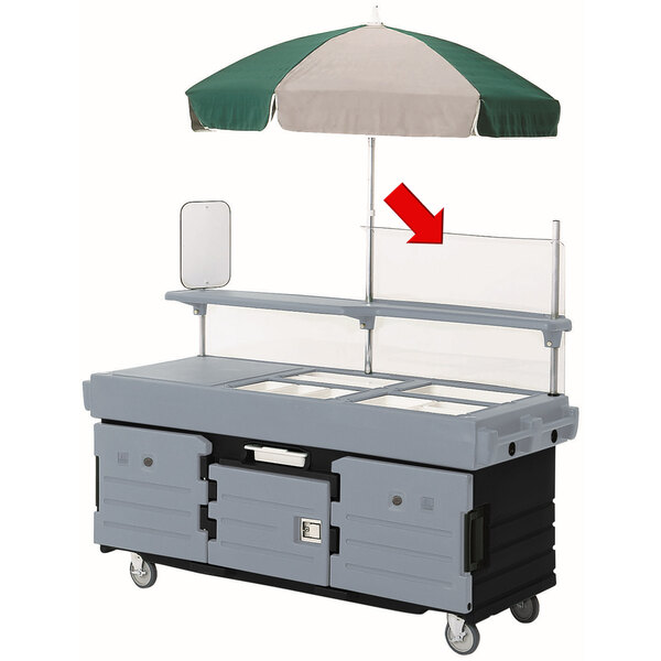 A white Cambro Top Sneeze Guard with poles on a food cart with an umbrella.