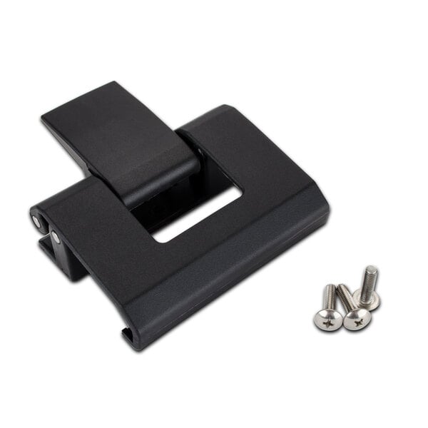 A black plastic Cambro latch with screws and nuts.