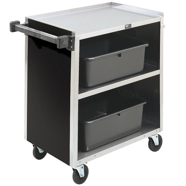 A silver Vollrath utility cart with black bins on the shelves.