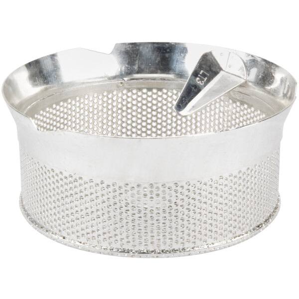 A tinned steel perforated basket for a Tellier food mill with a handle.