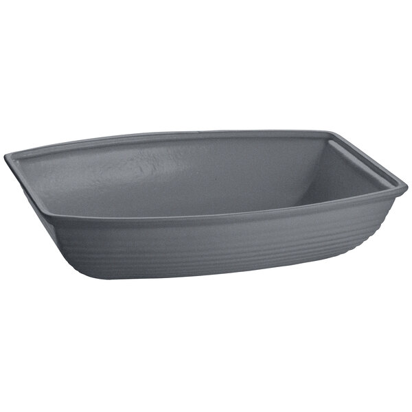 A grey rectangular Tablecraft salad bowl with a curved edge.