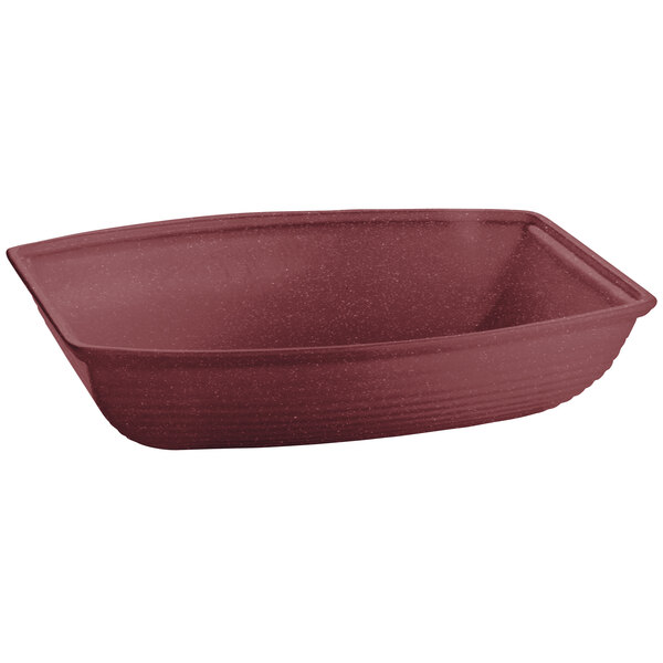 A maroon rectangular cast aluminum dish with a white background.