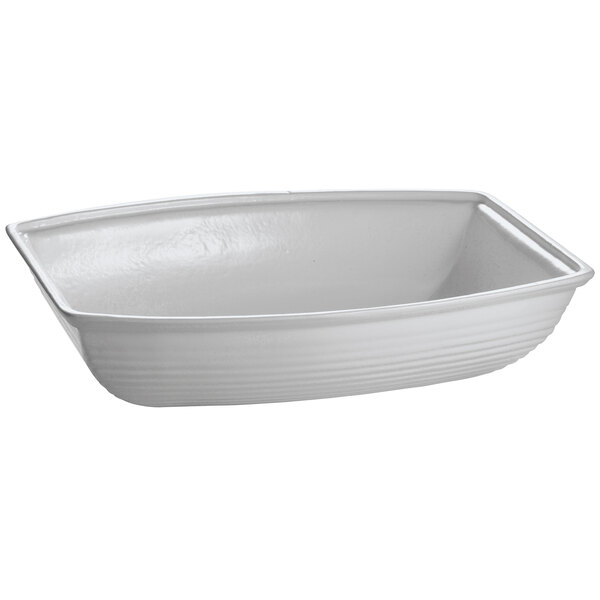 A gray rectangular Tablecraft cast aluminum bowl with a rounded edge.