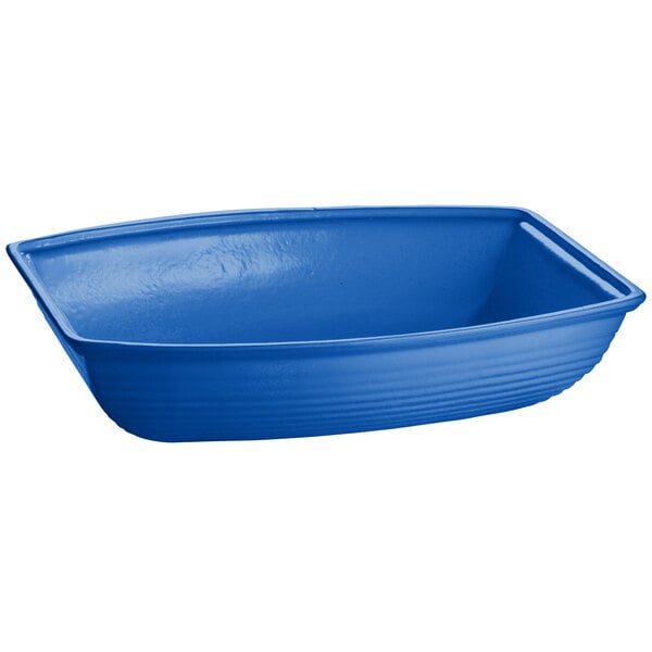 A cobalt blue rectangular cast aluminum bowl.