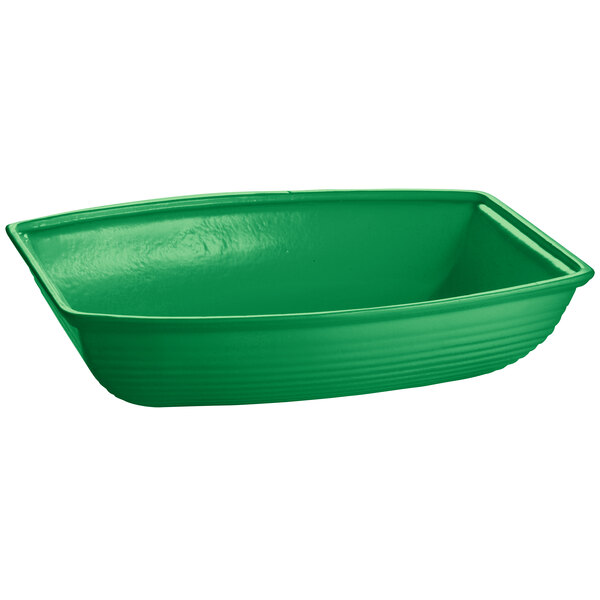 A green cast aluminum oblong salad bowl.