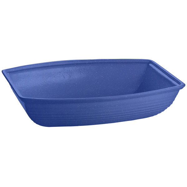 A blue cast aluminum oblong salad bowl with a lid.