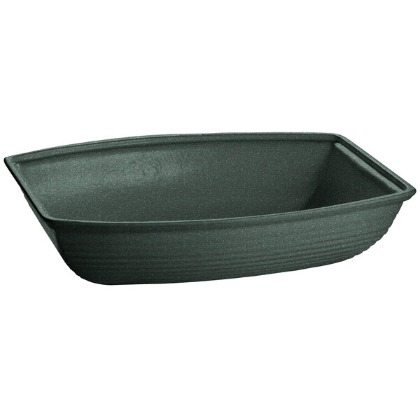 A black rectangular Tablecraft cast aluminum salad bowl with a rounded edge.