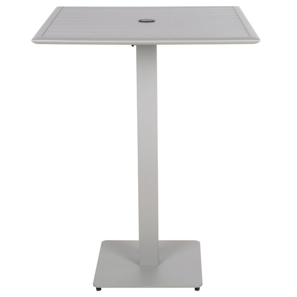 A white square BFM Seating outdoor table with a metal base.