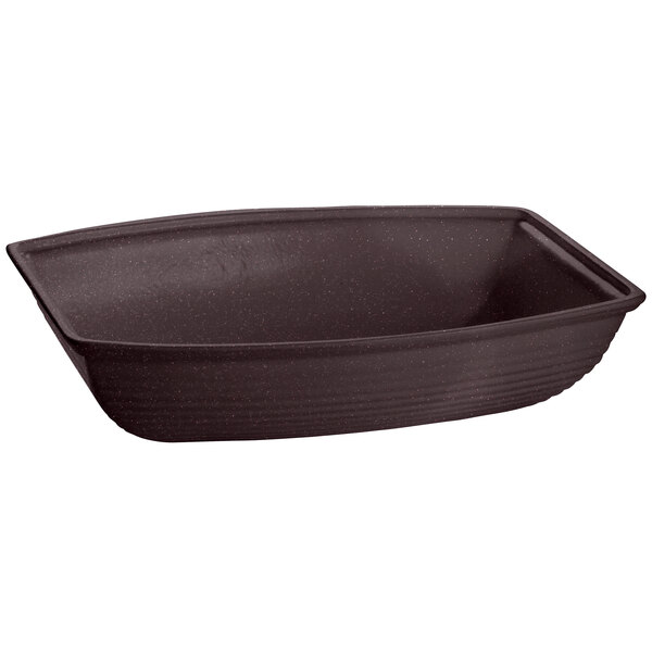 A brown rectangular Tablecraft salad bowl with a speckled finish.