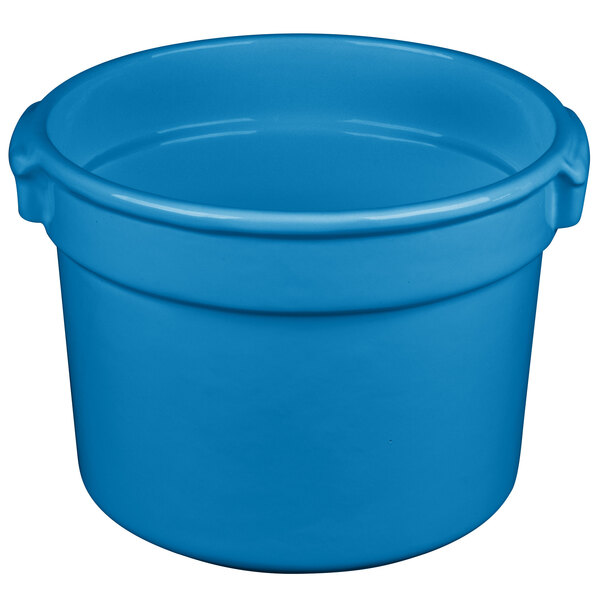 A blue cast aluminum Tablecraft bain marie soup bowl with handles.