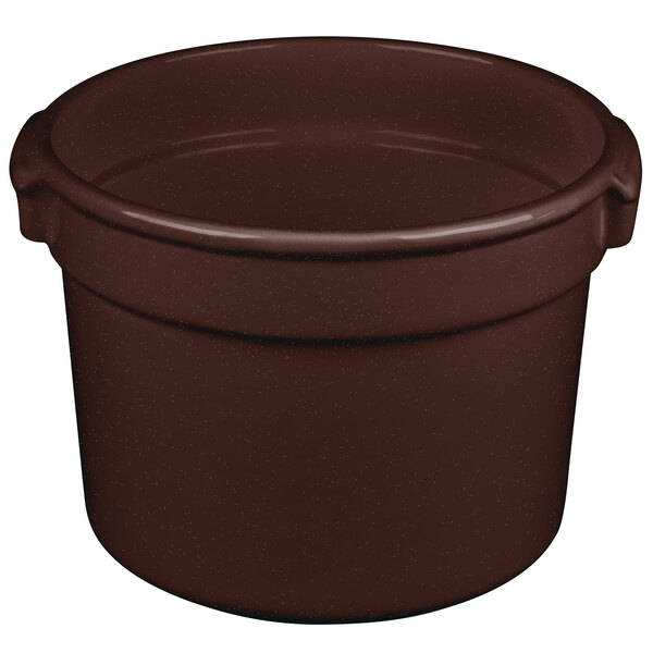 A brown Tablecraft cast aluminum bain marie soup bowl with a handle and lid.