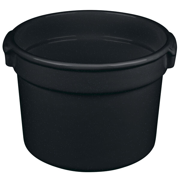 A black cast aluminum pot with a handle and blue speckles.